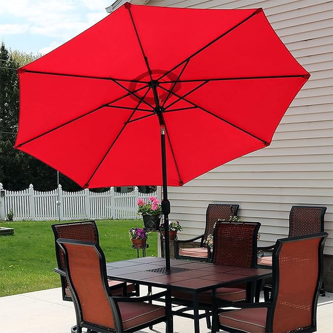 Sunnydaze Outdoor Patio Umbrella - Polyester Table Market Umbrella with Push-Button Tilt and Crank - 8 Sturdy Ribs - Red - 9ft
