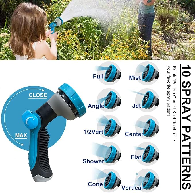 50Ft Non-Expandable Garden Hose, Flexible Water Hose with 10-Pattern Spray Nozzle, Lightweight Hose Pipe, Kink-Free, Leak-Proof, 3/4" Solid Metal Fittings