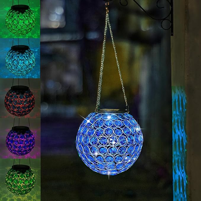 Solar Lantern Hanging Outdoor Christmas Decorative, Dual LEDs Color Changing and Blue Crystal Globe Lamp Hanging Light Waterproof with S Hook Decor in Garden, Pathway, Front Door- Blue