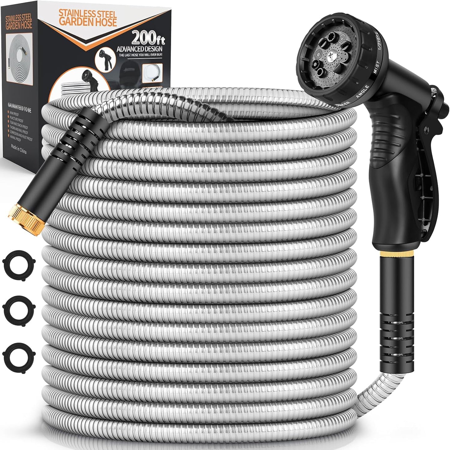 Garden Hose Metal 200FT, Stainless Steel Heavy Duty Water Hose With 10 Function Nozzle, No-Kink, Tough & Flexible, Sturdy and Lightweight, Rust Proof for Yard, Outdoor, RV