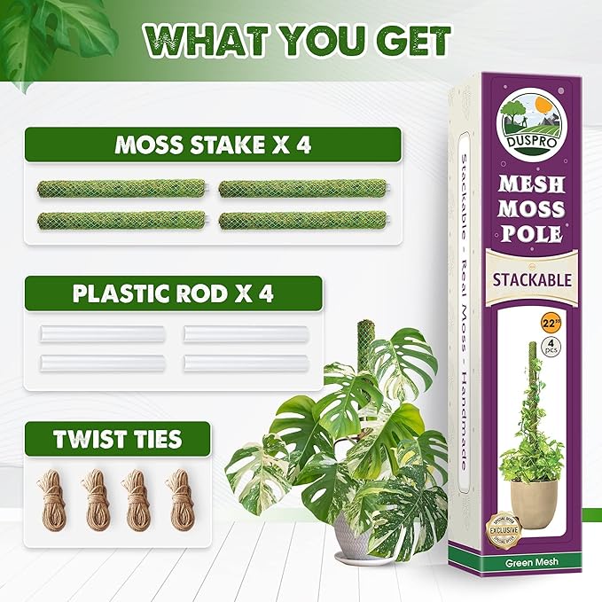 Duspro Green Stackable Mesh Moss Pole for Plants Climbing Vine Supporting Monstera Trellis, for Indoor Plants Extendable Plant Pole Moss Sticks, for Potted Plant Stakes 4Pack 71''