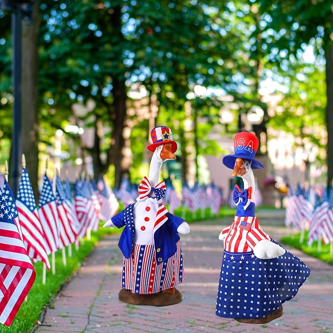 Frienda 2 Set Porch Goose Outfits Clothes 23 Inch Garden Raincoat Flag Bee Fishing Style Goose Costume for Lawn Patio Valentine's Day Decor