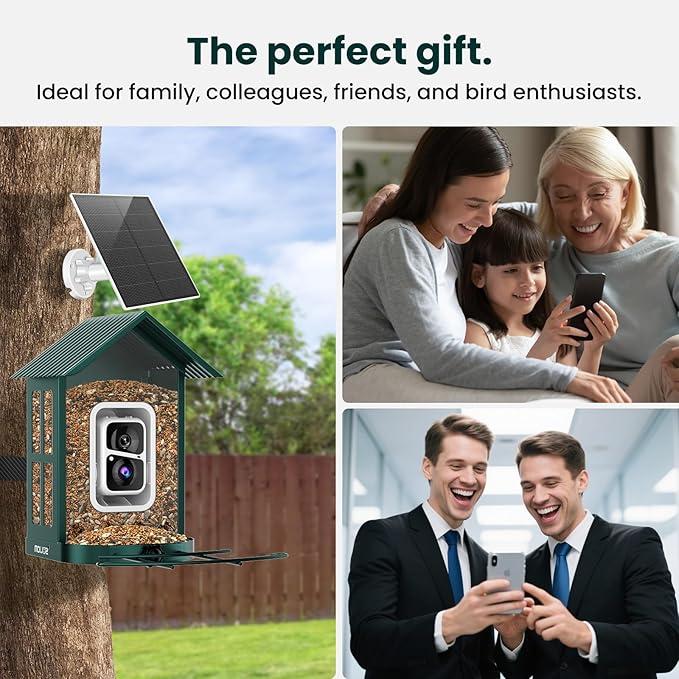 SOLIOM Solar Bird Feeder with Camera for Outdoors - AI Smart Birdhouse, 2K Live View & Instant Alerts, Squirrel Proof - Perfect Bird Watching Gift (Green)