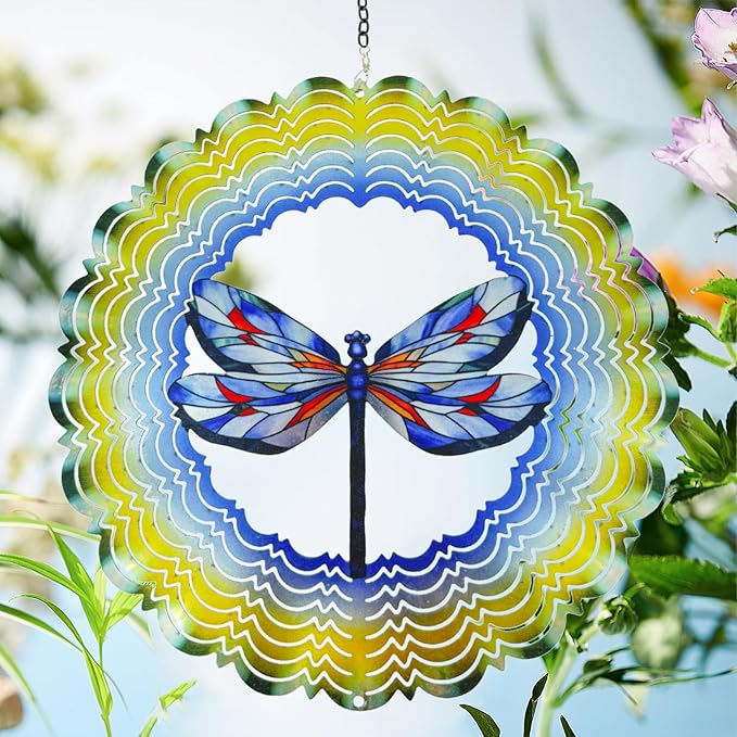 Dragonfly Metal Wind Spinners - Hanging Dragonfly Wind Spinner for Outdoor & Indoor Decorations, Dragonfly Gifts for Women Mom Grandma Wife, 12 inch 3D Wind Spinner for Ornament Gifts