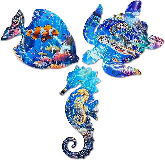 LIFFY Metal Fish Wall Decor Fish Metal Wall Art Ocean Themed Sea Turtle Fish Seahorse Coastal Wall Sculpture, Nautical Outdoor Decor For Garden, Fence, Patio, Pool,Beach,Bathroom (3 Pcs)