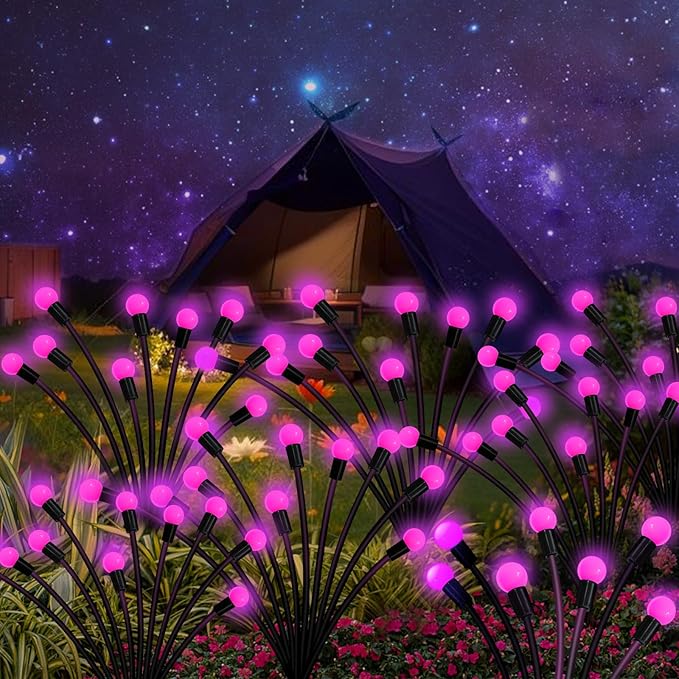 Solar Garden Lights Outdoor, 6 Pack 60 LED Solar Pink Firefly Lights Waterproof, Sway by Wind, Solar Swaying Light for Yard Patio Backyard Garden Planter Flower Bed Pathway Outdoor Decoration