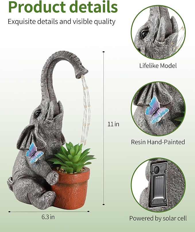 iStatue Solar Elephant Figurine with Succulent Plant Pot - 11'' Hand-Painted Lifelike Resin Lawn Ornaments Statue for Yard Art Garden Decor Gifts (Elephant)
