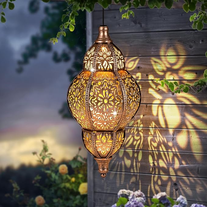 Solar Lanterns Outdoor Waterproof, Hanging Solar Lantern Garden Decor, Metal Moroccan Decorative Solar Garden Lights for Yard, Patio, Lawn, Porch, Unique Housewarming Gifts, Copper