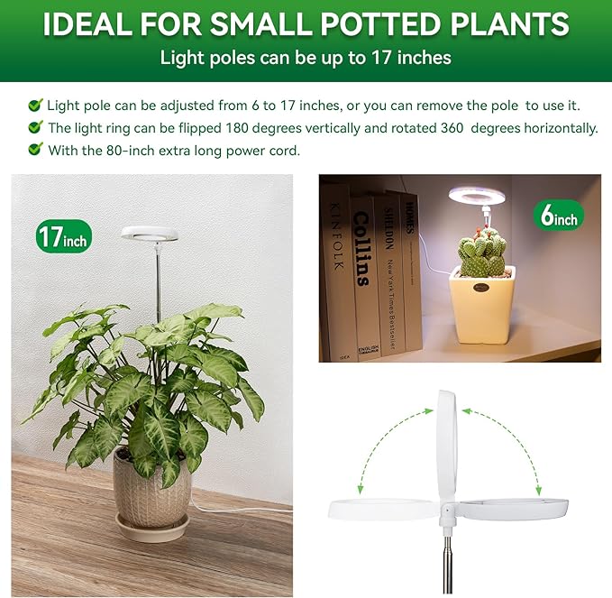 Plant Lights for Indoor Growing, Full Spectrum Grow Light with 48 LEDs, 5 Dimmable Levels Super Bright Halo Grow Lights, with Automatic Timer, Height Adjustable 7"-17", Pack of 3