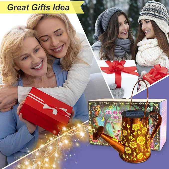 VOOKRY Solar Lights Outdoor Decoration, Large Hanging Metal Solar Watering Can Lights Waterproof Sunflower Garden Decor Yard Lights Outside for Porch Lawn Patio, Birthday Gifts for Women Mom Grandma