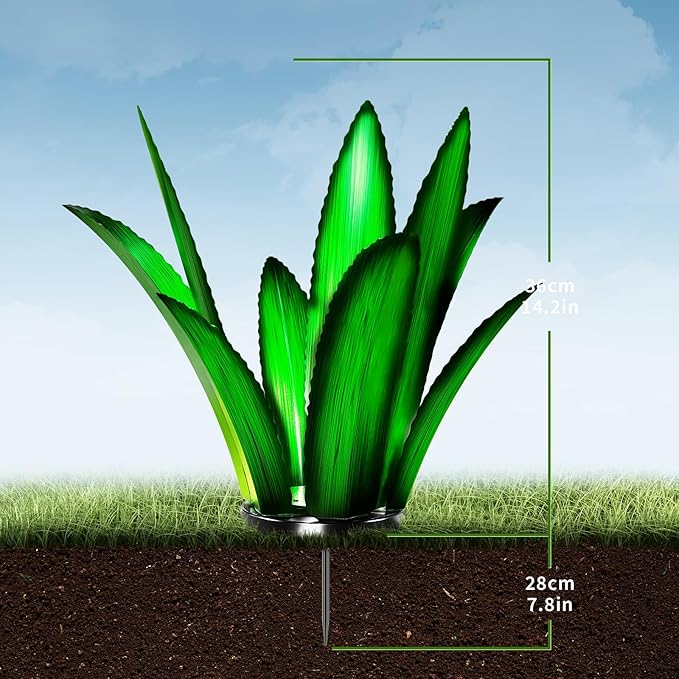 Upgraded Large Metal Yard Art, Metal Agave Plant Yard Decorations Outdoor Sculpture, Metal Flowers for Outside, Waterproof Outdoor Garden Decor (Green (W/Solar Light))