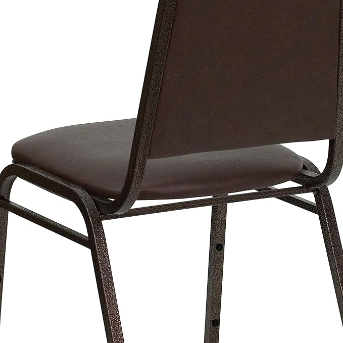 EMMA + OLIVER Trapezoidal Back Vinyl Stackable Banquet Chair, Multipurpose Stacking Chair with Padded Seat and Back, Brown/Copper
