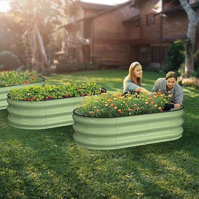 Raised Garden Bed Kit, 4x2x1 ft Galvanized Planter Box Outdoor with Safety Edging, Large Metal Raised Beds for Gardening Vegetables Flower Herb (Avocado Green)