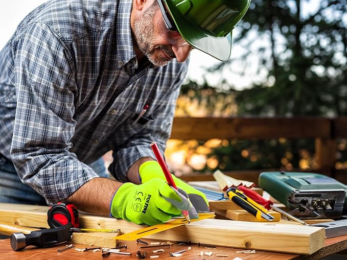 DULFINE Safety Work Gloves for Men PU Coated 12 Pairs Bulk Pack,Hi-Vis Yellow Seamless Knit Glove with thin Polyurethane Coated Smooth Grip on Palm & Fingers,Ideal for General Duty Work (Extra Large)