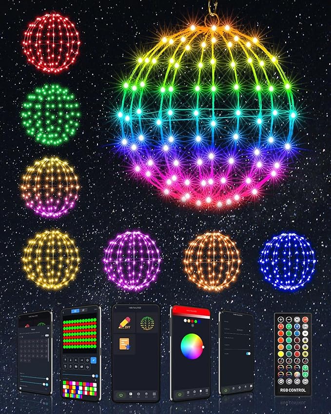 Smart RGB Outdoor Hanging Ball Lights - 11.8 inch 108LED Outdoor Color Changing Decorations Lights,Bluetooth APP Remote Control Dimmable Waterproof Globe Fairy Lights 1 Pack