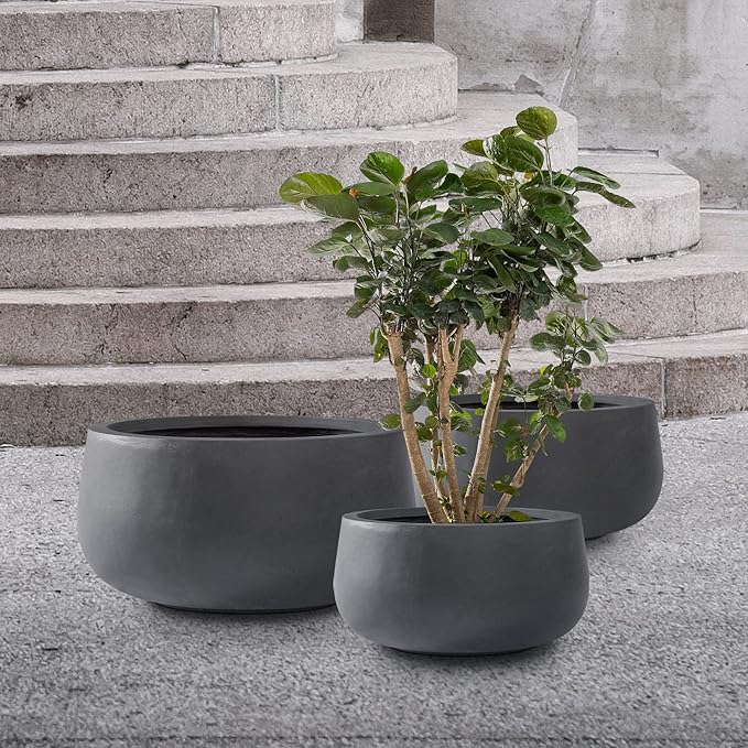 Kante 19.6",15.7",11.8" Dia Round Concrete Planters Set of 3, Outdoor Indoor Garden Plant Pots with Drainage Hole and Rubber Plug, Modern Curvaceous Design, Charcoal