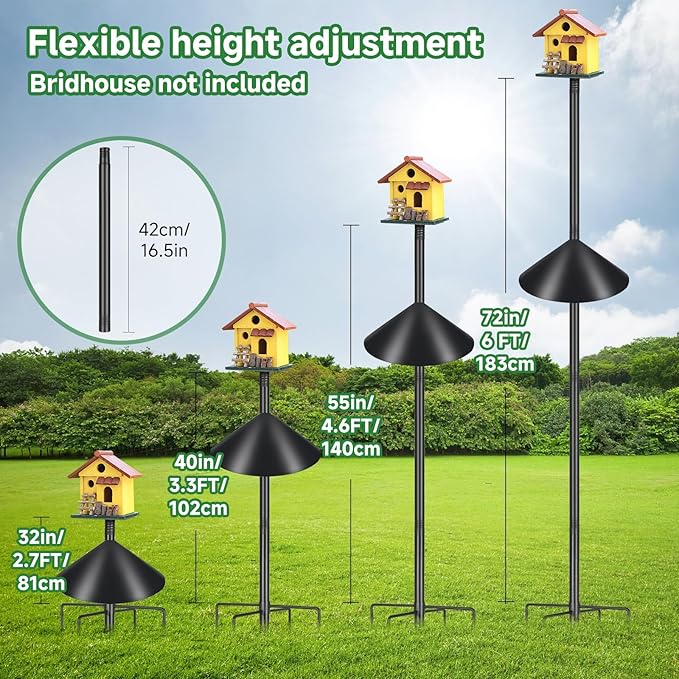 Smart Bird Feeder Pole Stand 79In,Adjustable Height Metal Bird House Pole for Outdoor Garden with Multiple Mounting Options (Black, Round Squirrel Baffle - High 79in)