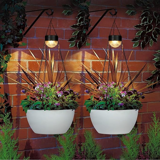 2 Packs Hanging Planters Basket for Outdoor Plants, Solar Powered Self Watering White Round Plastic Flower Pots with Drainer for Balcony Patio Garden Outdoor Decoration
