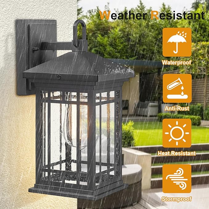 Outdoor Porch Lights Wall Mount, 2 Pack 12.4 Inch Outdoor Wall Lantern With E26 Sockets & Seeded Glass, Classic Exterior Lighting Fixtures, Waterproof Black Porch Light Fixtures For House, Garage