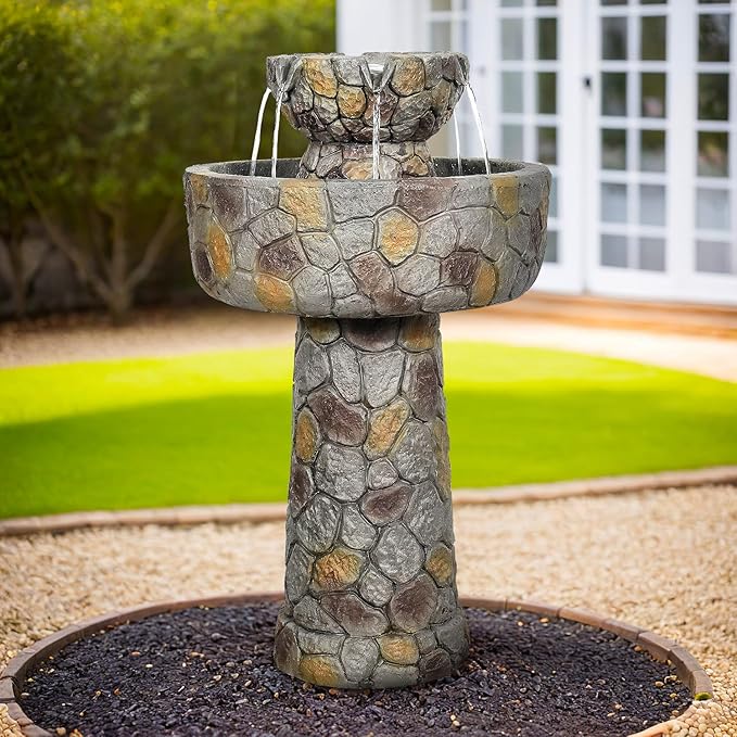 SunJet 25.7” High x 15.3” Diameter Concrete Bird Bath with Faux Stone Finish - Outdoor Water Fountain with Electric Pump - Birdbath for Garden, Patio, Yard, Lawn Décor