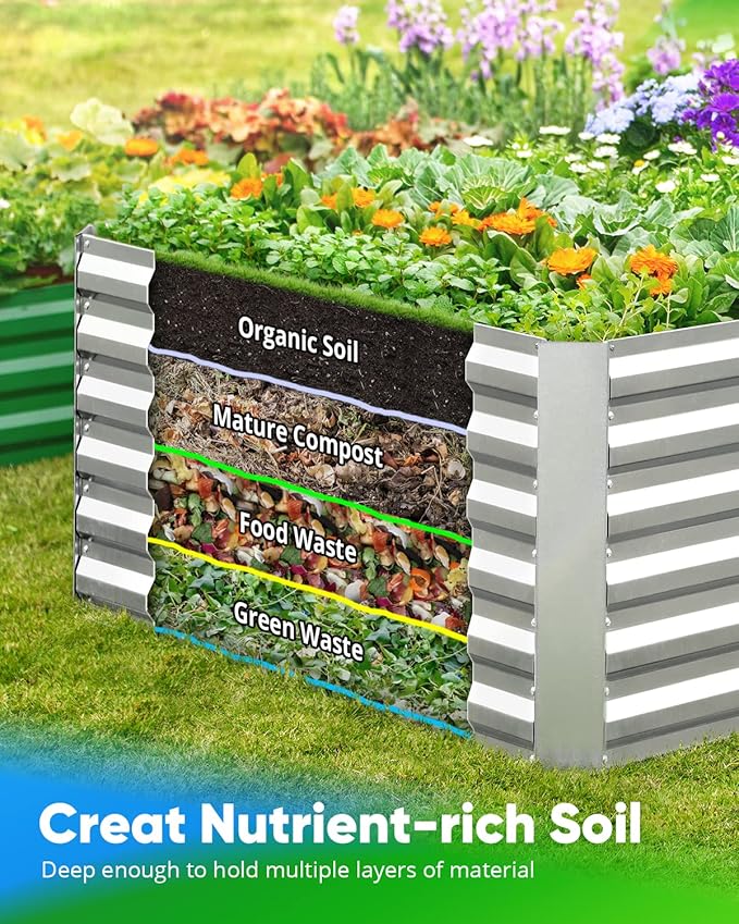 Quictent Galvanized Raised Garden Bed 8x4x2 Ft Tall Metal Planter Box for Vegetables Outdoor Bottomless for Backyard, 2 Tomato Cages Included, 22.04" Deep (Silver)