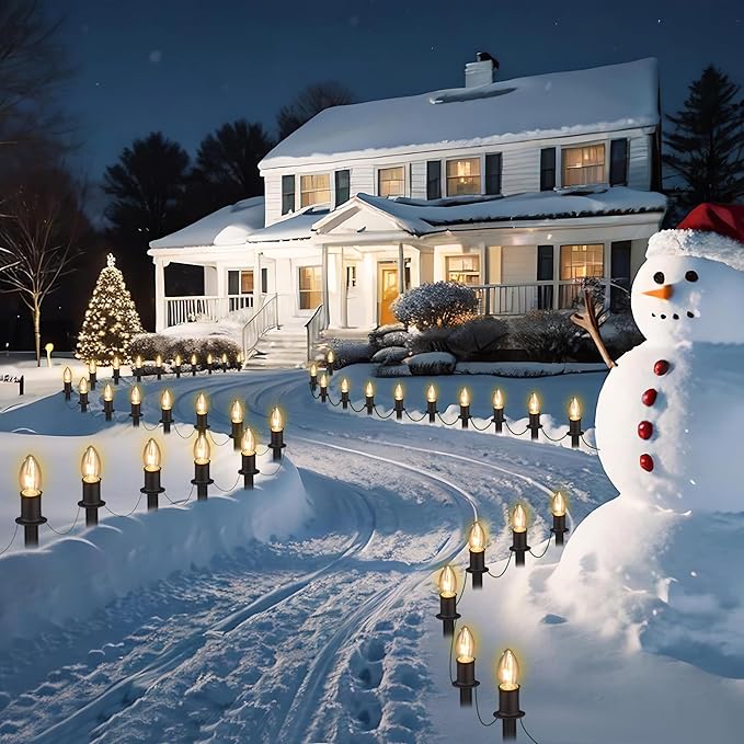 Outdoor Warm Christmas Pathway Lights, 24.2ft 20 Lights with Stakes, Outside Walkway Marker, C9 Christmas Decor, Driveway Decorations, Waterproof, Hanging or Plugging