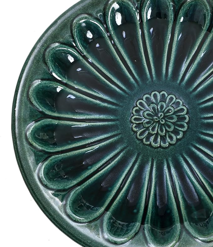 LuxenHome 22 Inch Ceramic Bird Bath for Outside, Elegant Tall Outdoor Bird Bath, Lightweight Pedestal Glazed Birdbaths for Outdoors with Floral Pattern, Dark Green