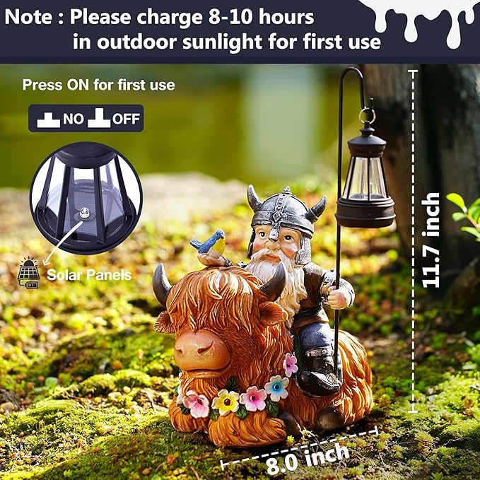 Garden Gnome Outdoor Statue 12 Inch Highland Cow Gnomes Decorations for Yard Patio Lawn Porch Birthday Gifts for Women Men, Mother’s Day, Housewarming with Solar Light Funny Decor for Outside