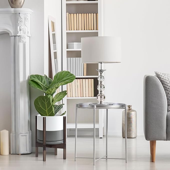 D'vine Dev Ceramic Planter with Walnut Color Stand - 10 Inch Modern Round Flower Pot with Wood Planter Holder, White/Grey, 55-B-X-6