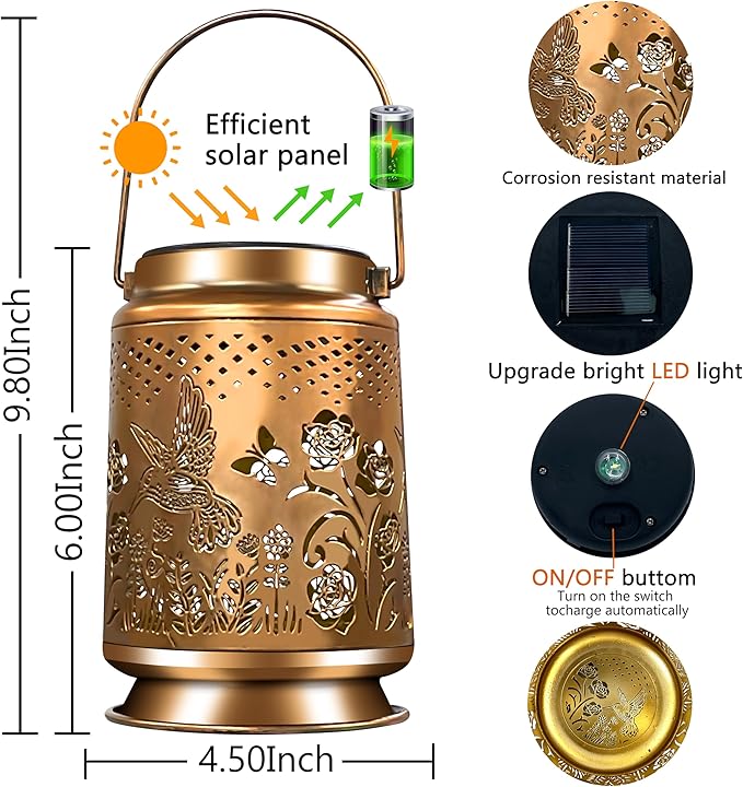 KY&BOSAM Solar Lanterns Outdoor Waterproof Rose Hummingbird Garden Decor Birthday Gift for Women Mom Grandma Hangings Solar Lights Metal Diwali Decoration Outside Lantern for Yard Patio Backyard Porch