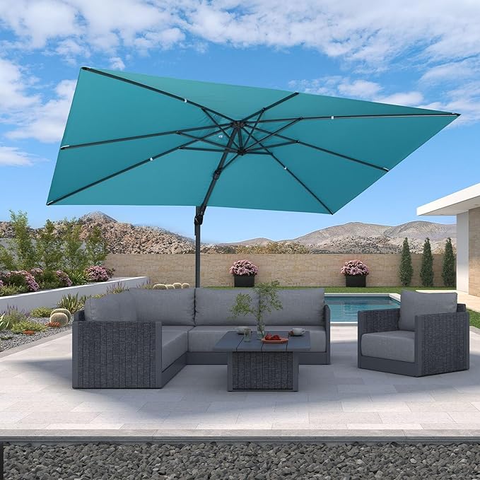 PURPLE LEAF 9' X 12' Right-left Tilt Patio Umbrella with Base Outdoor Cantilever Swivel Rectangle Umbrella Aluminum Offset Umbrella with 360-degree Rotation for Garden Deck Pool Patio Turquoise Blue