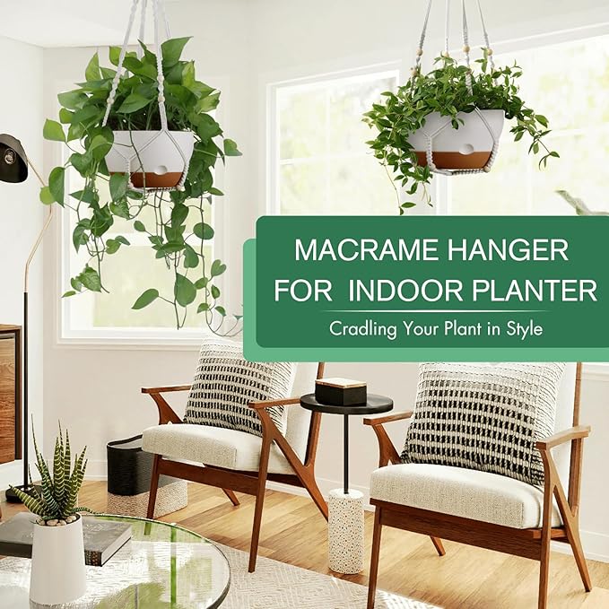 Set of 2-10 Inch Hanging Planters for Indoor Plants with Self-Watering Includes Hanging Pots for Plants, Outdoor Hanging Plant Pot with Drainage, and 2 Types of Hanging Baskets Hangers (White, 10inch)