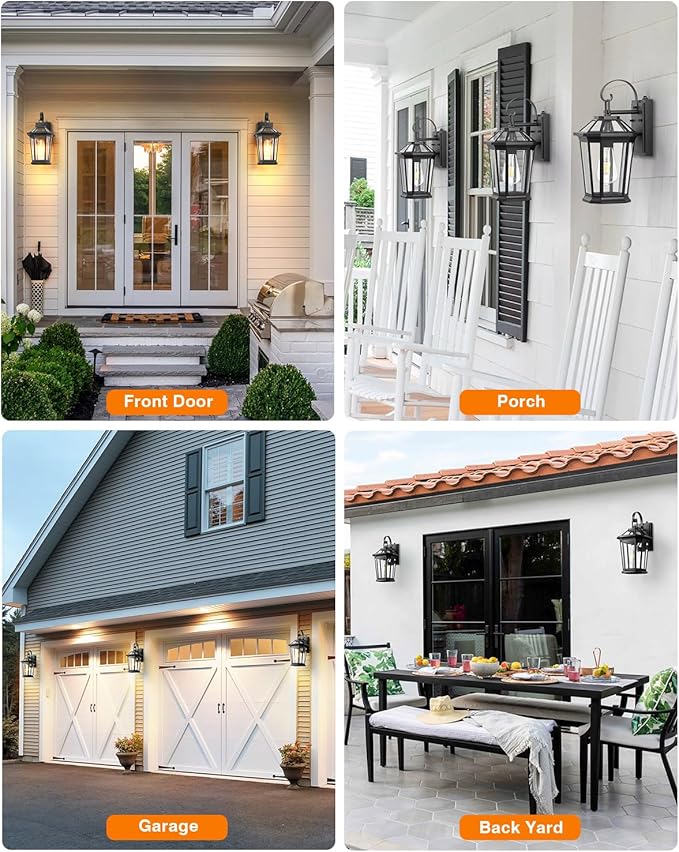 VIANIS Dusk to Dawn Outdoor Wall Lighting, Exterior Light Fixture Wall Mount for House Front Porch Light, Black Anti-Rust Aluminium Modern Outside Coach Lantern with Tempered Glass Shade for Garage