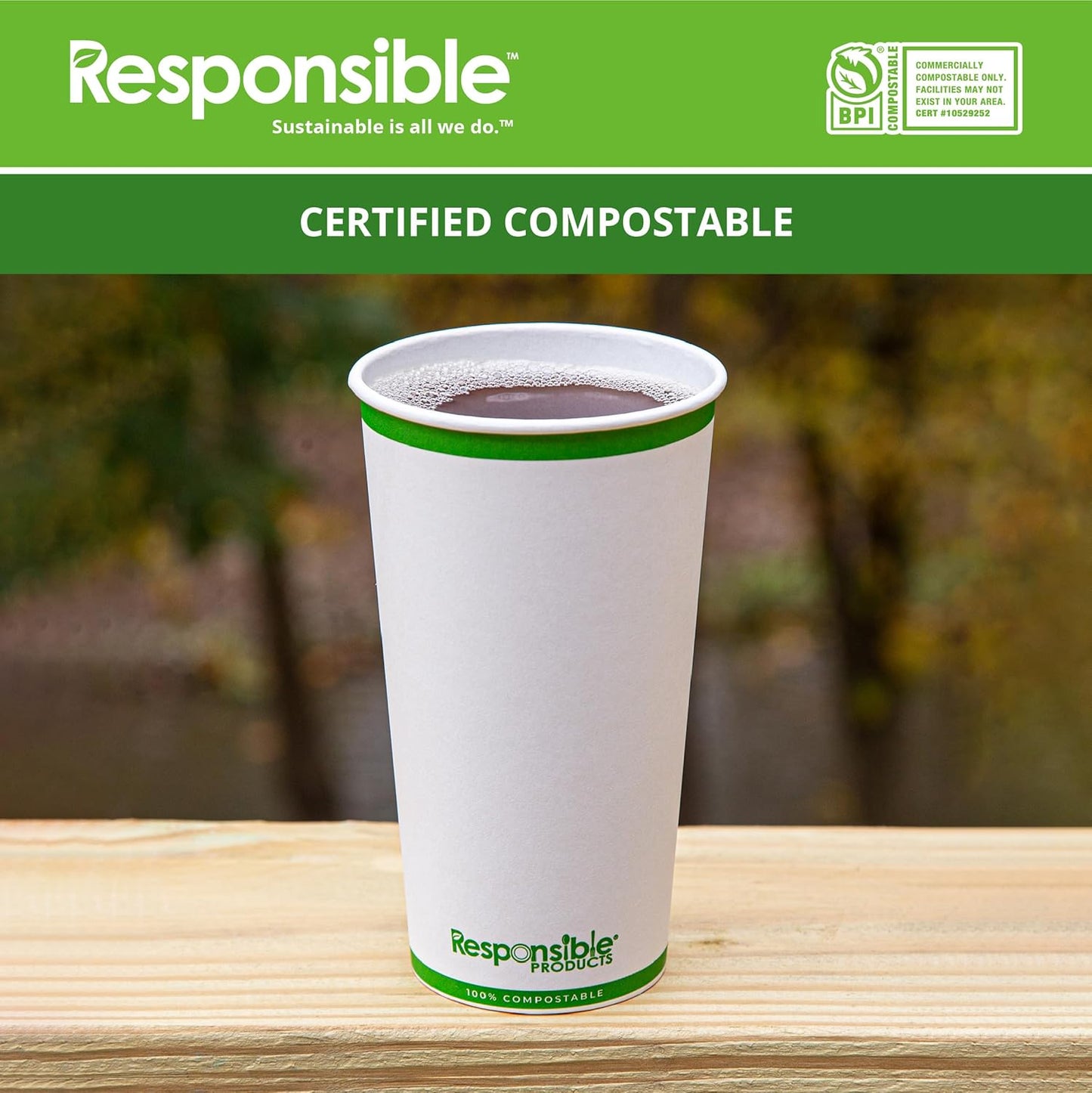 20 oz Paper Hot Cups, Tree-Less™ Compostable Paper Coffee Cups, Extra Strength, Tree-Free and Made Without PFAS, White (1000 Count)