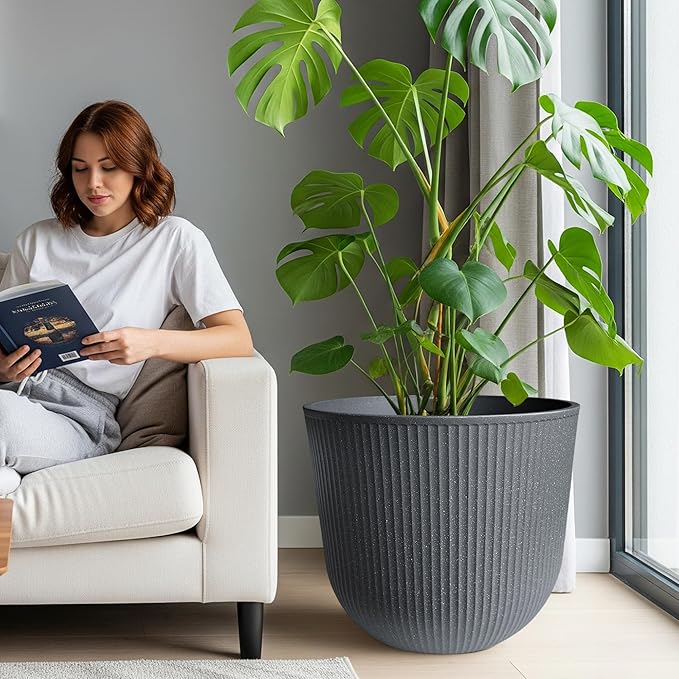 WORTH Garden Round Large Planter Pot 1-Pack - 17.5" Dia x 15.5" H - Durable Plastic Grey Plant Tree Pots with Vertical Stripe Textured Finish, Drainage Hole for Indoor, Outdoor, Front Porch, Patio