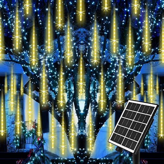 Meteor Shower Rain Lights Solar Christmas Lights Outdoor Falling Rain Drop Lights Snowfall Icicle Cascading String Lights 16 Tubes 16 Inch 576LED for Xmas Tree Wedding Party Holiday Patio Garden Decor