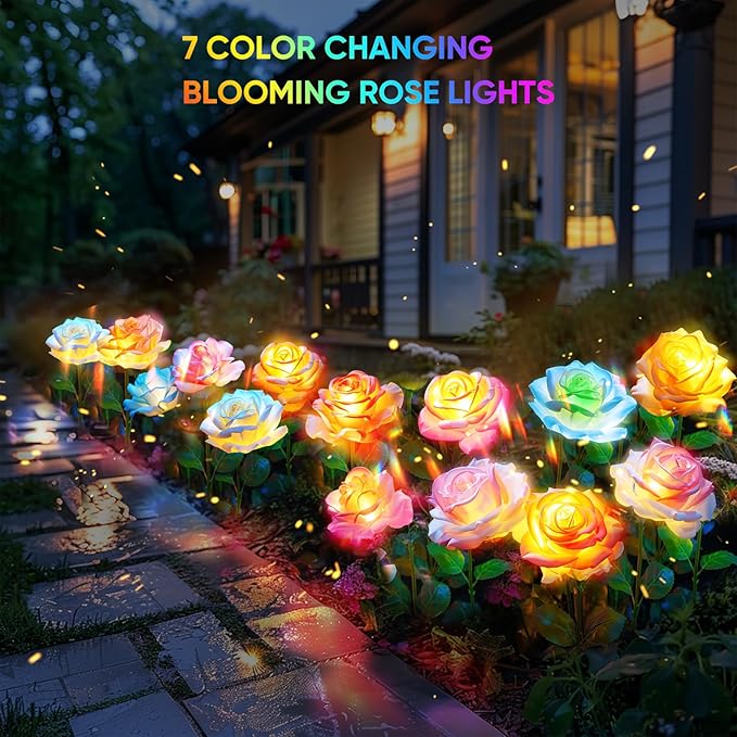 Solar Garden Lights, 6 Pack Solar Flowers Outdoor Waterproof with Rose, Garden Lights Solar Powered Waterproof, Solar Flower Lights, Solar Lights for Outside Yard Decorations Outdoor