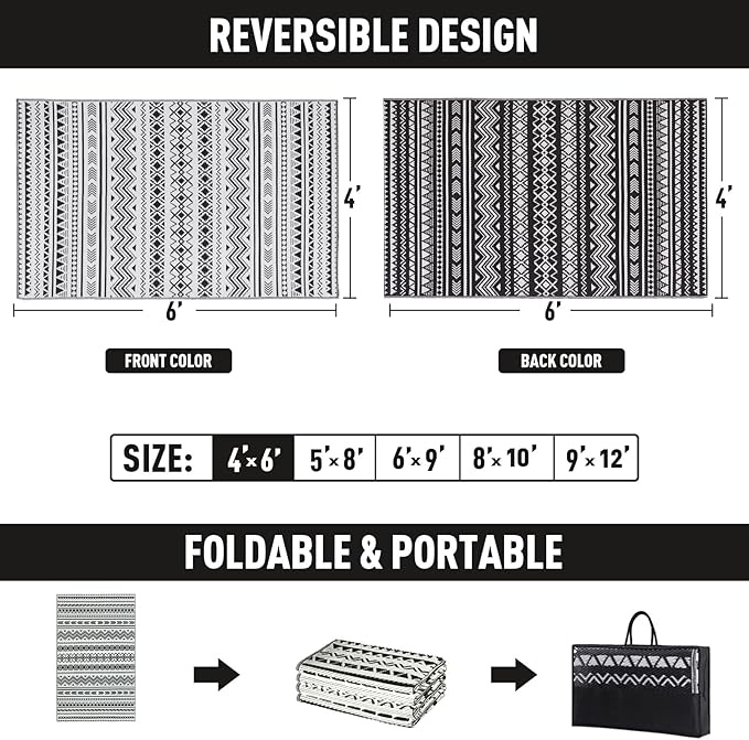 WILDROOTS 4x6 Feet Black and White Plastic Outdoor Rug, Stain Resistant Waterproof Reversible Outdoor Patio Rug, Fade Resistant Camping Rug