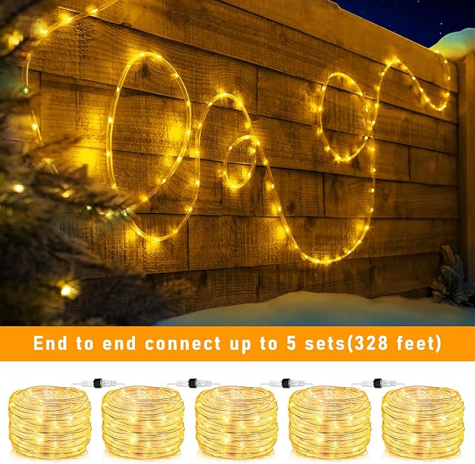 Rope Lights for Outside, 66FT 200 LED Rope Lights Outdoor/Indoor with Waterproof 8 Modes, Connectable Plug in Christmas Tree Light for Bedroom Pool Garden Party Holiday Decorations, Warm White