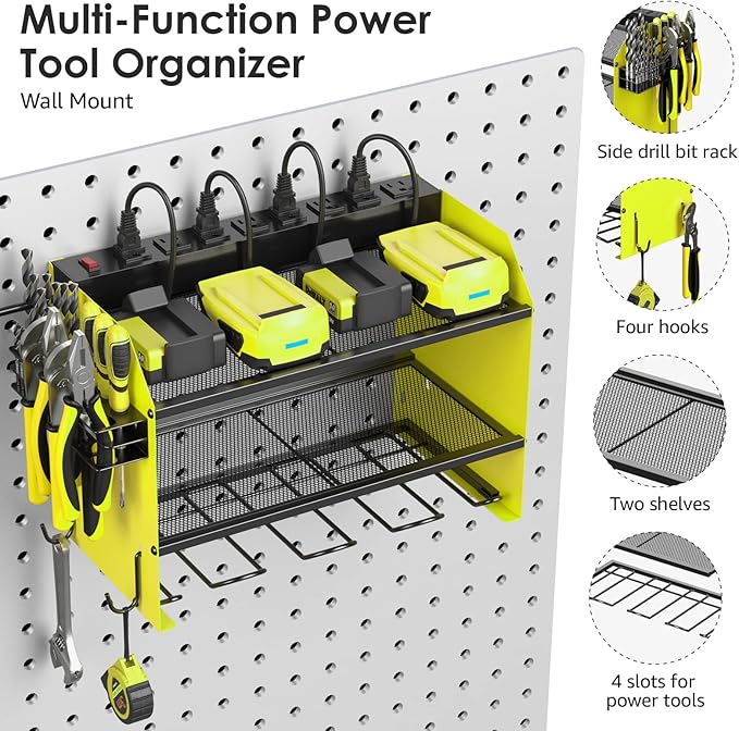 CCCEI Set Power Tool Organizer Wall Mount with Charging Station. Garage 4 Drill Storage Shelf with Hooks, Heavy Duty Metal Tool Battery Charger Organizer. Shop Utility Rack with Power Strip Green.