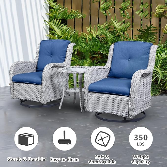 Outdoor Swivel Rocker Patio Chairs Set of 3,High Back Swivel Patio Chairs Wicker Furniture Set,2 PCS Rattan Swivel Rocking Chair with Side Table,Light Grey Wicker (A089-2)