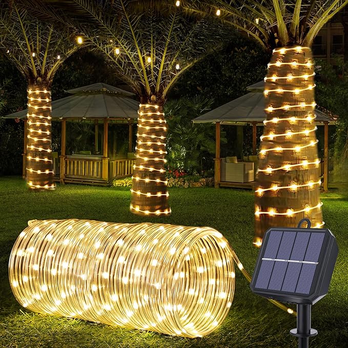 Solar Rope Lights, 66ft 200LED String, 8 Modes Waterproof Powered Outdoor, Flexible Clear Tube for Garden, Backyard, Patio, Deck, Porch, Pool, Tree Decor - Warm White