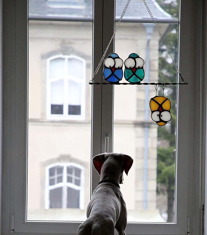 Multicolor Owl on a Wire Stained Glass Window Hanging, Bird Suncatcher for Windows Panels Hangings Hummingbird Ornament Decoration for Wall Home Garden Decor Bird Owl Gift for Owl Lovers