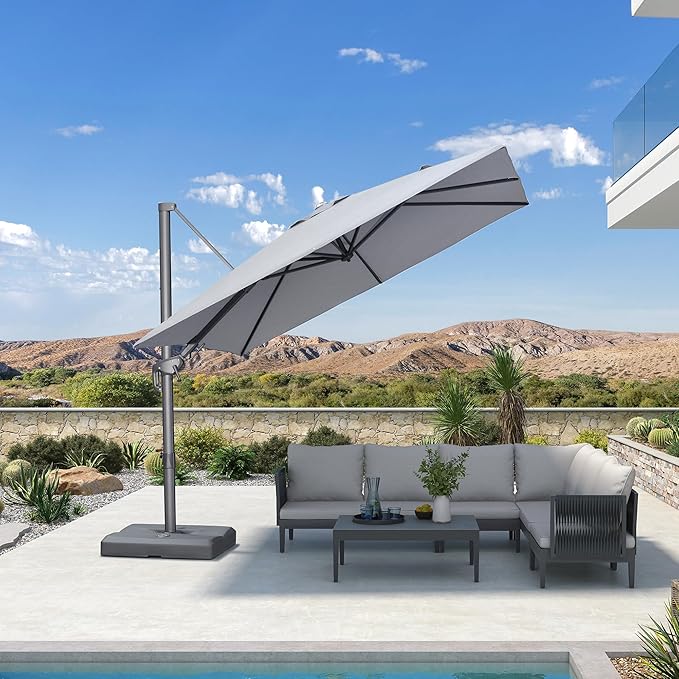 PURPLE LEAF 8' X 8' Left-right Tilting Outdoor Patio Umbrella Swivel Offset Cantilever Heavy Duty Rectangle Aluminum Umbrella with UV Resistant for Deck Pool Patio Backyard, Pebble Grey