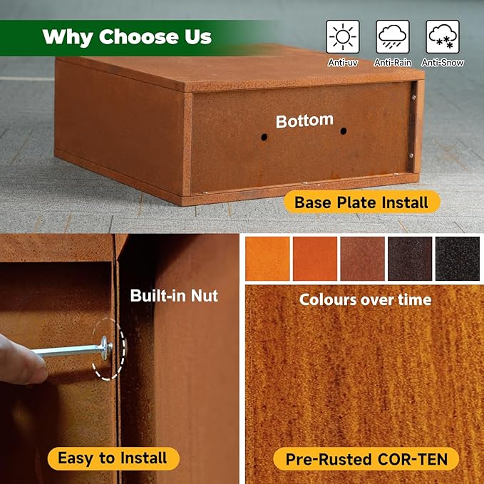 Corten Steel Metallic Heavy Planter for Outdoor Plants 24"x10"x24" Metal Planter Spliced Flower Pot with Partitions for Outside,Indoor,Garden (Corten, 24 * 10 * 24)