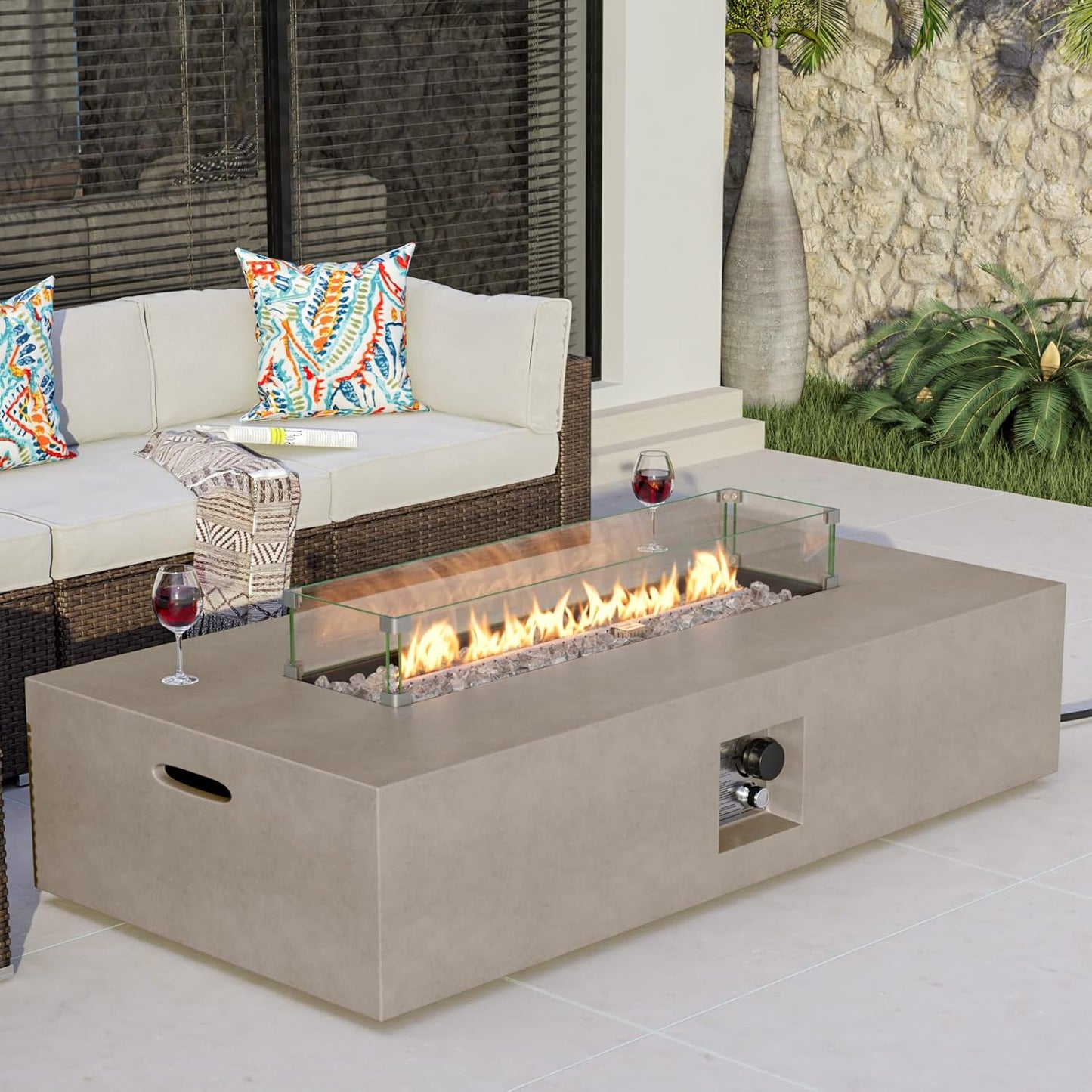 COSIEST Outdoor Propane Fire Pit Table, 56-inch x 28-inch Rectangle Gray Concrete-Like Finish, CSA Certified, 50,000 BTU Stainless Steel Burner w Transparent Gray Fire Glass, Wind Guard, Raincover