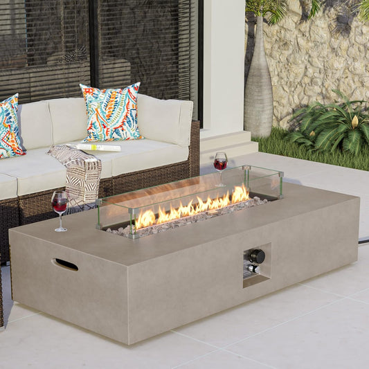 COSIEST Outdoor Propane Fire Pit Table, 56-inch x 28-inch Rectangle Gray Concrete-Like Finish, CSA Certified, 50,000 BTU Stainless Steel Burner w Transparent Gray Fire Glass, Wind Guard, Raincover