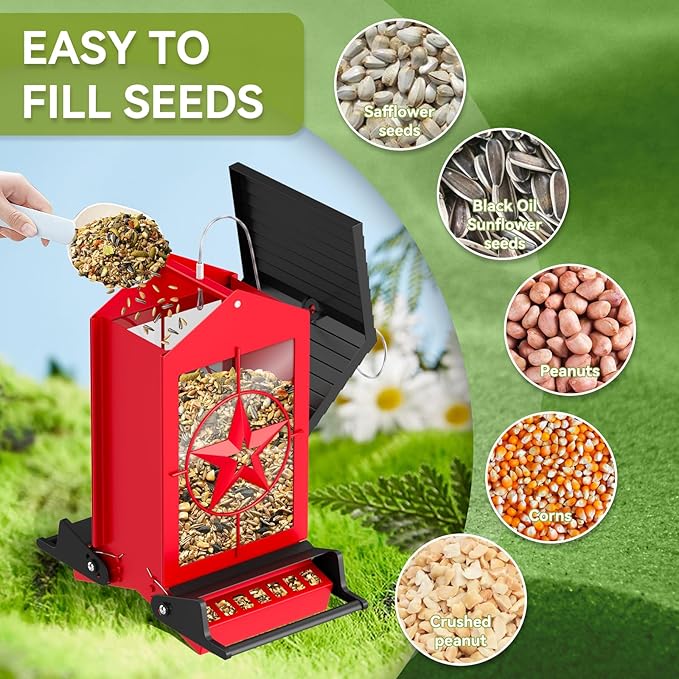 Squirrel Proof Bird Feeder for Outdoors Hanging, Metal Wild Bird Seed Feeder with Bilateral Weight-Activated Perches, 5LB Large Capacity Wild Bird Feeders for Outside Finch, Cardinal, Blue Jay