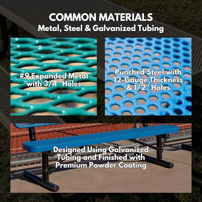 Heavy-Duty Portable Outdoor Bench Thermoplastic Coated, Expanded Metal, Commercial-Grade Seating, Made in America (Portable with Back, 8 Ft, Dark Green)
