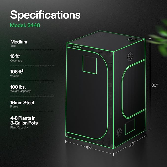 VIVOSUN S448 4x4 Grow Tent, 48"x48"x80" High Reflective Mylar with Observation Window and Floor Tray for Hydroponics Indoor Plant for VS4000/VSF4300